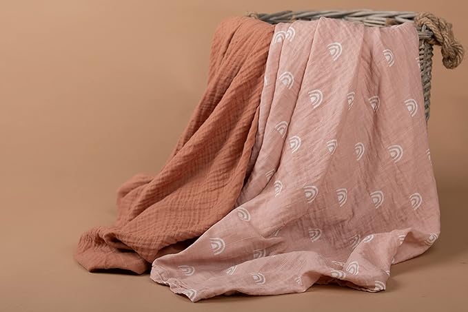 Sticky Toffee Muslin Swaddle Baby Blanket, Blush Pink Rainbows, 47 x 47 in, Soft Breathable Oeko-Tex Cotton Newborn Wrap and Receiving Blanket