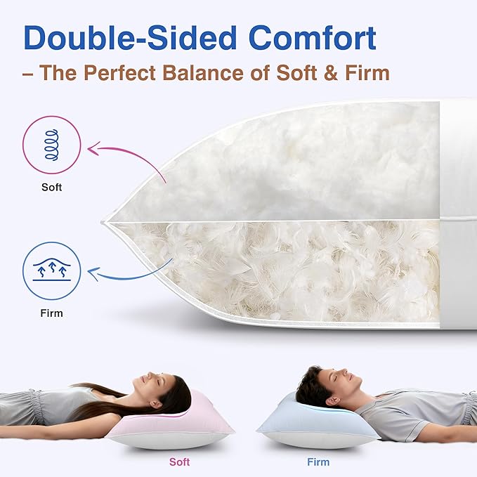 zibroges Goose Feather Pillow Queen Size Set of 2 - Soft and Firm Two Sides Optional, Down Hotel Bed Pillows for Sleeping, Fluffy Support Surround Fill Polyester for Back, Stomach, Side Sleepers