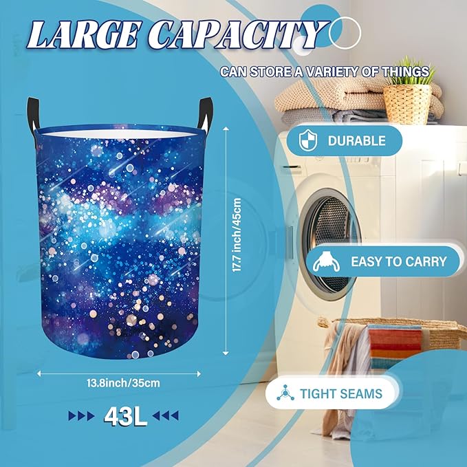 Laundry Hamper, 43L Round Universe Sky Laundry Basket, Waterproof Collapsible Storage Organizer Bin with Handles for Toys, Nursery Home Storage, Gift for Chritsmas Thanksgiving 13.8x17.7in