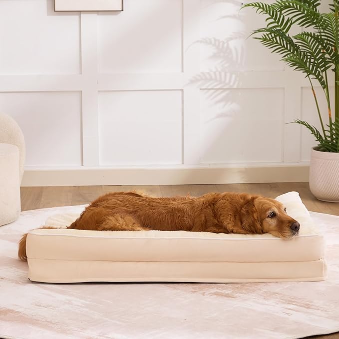 Aeroluxe Dog Bed Large Sized Dogs, XL Orthopedic Dog Bed for Large Dogs, Waterproof Pet Bed with Washable Removable Cover, L-Shaped Pet Couch with Portable Handle 42"x30"x7.5", Beige