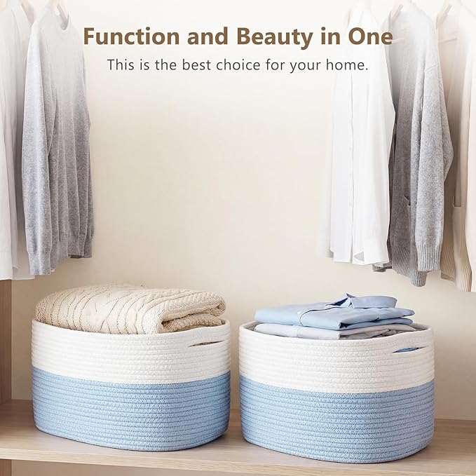 ECDYQXVU Cotton Rope Storage Basket, 15x10x9 Inches, Woven Basket for Shelves, Clothes, Towels, Books, and Laundry, White Blue (2 Pack)