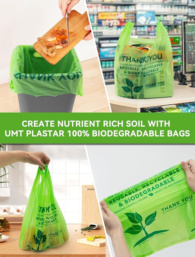 UMT Plastar 200 Count 100% Biodegradable Thank You Bags – Compostable, Recyclable, Eco-Friendly Grocery T-Shirt, 11.5" x 6.25" x 21", 16 Mic