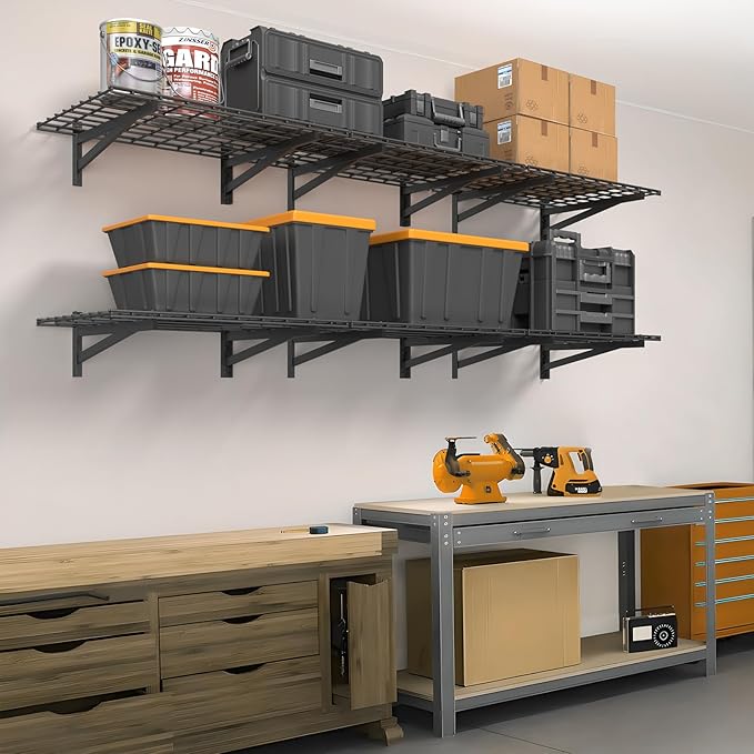 Jusgym 2 Pack Heavy Duty Garage Wall Shelving Set (1.5x4ft), Wall Mounted Garage Shelves 700lbs Capacity, 18"x48" Shelf Storage Rack Floating Shelves, Black
