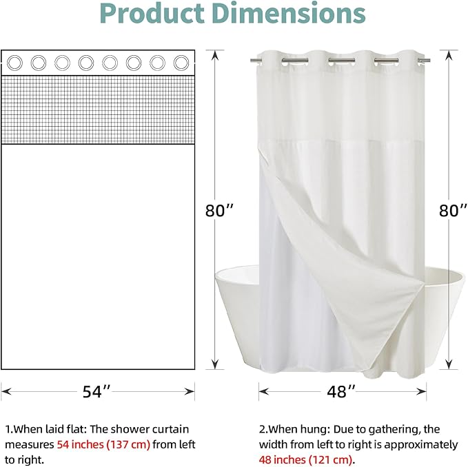 eachope Stall Cream No Hook Waffle Weave Shower Curtain with snap-in Liner Replacement, 230GSM Waterproof Fabric Hotel Shower Curtain Set for Bathroom, Through Mesh Top Window,54Wx80H
