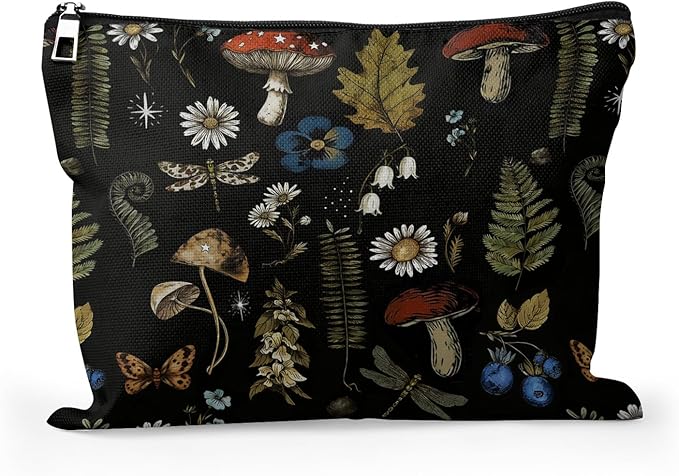 Cafl Vintage Woodland Makeup Bag Travel Large Mushroom Fern Cosmetic Bag Organizer toiletry Essentials Jewelry Skincare Zipper Bag For Women -10×8 inch
