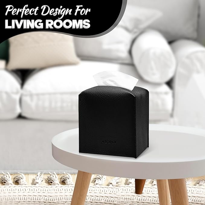 Tissue Box Cover Holder, PU Leather Tissue Box Cover Square with Bottom Belt, Cube Tissue Holder for Bathroom, Modern Organizer for Car, Office, Tabletop (Black, 14 Leather Patterns)