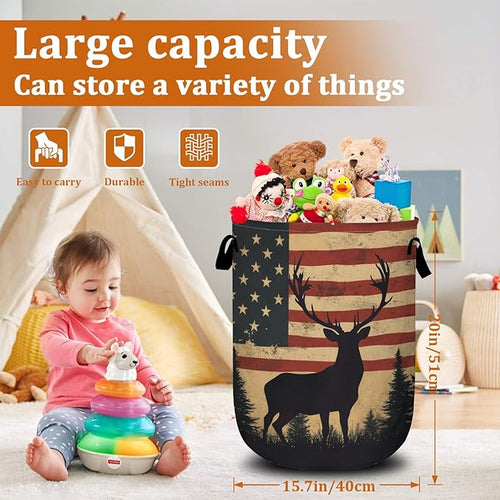 American Flag Deer Laundry Basket with Sturdy Handles, Memorial Day Patriotic Collapsible Oxford Cloth Laundry Hamper Organizer Basket for Bathroom Bedroom 15.7x20 Inch
