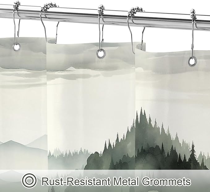 Litabel Dark Green Misty Pine Forest Shower Curtain, Mountain Foggy Woodland Scenery Tree Shower Curtains for Chic Rustic Bathroom, Abstract Modern Waterproof Nature-Themed Decor, 72x72 Inches