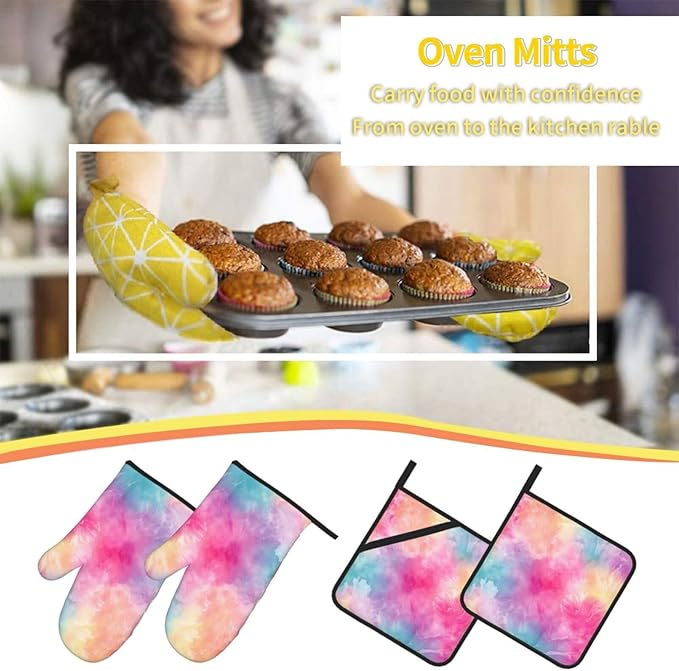 Oven Mitts and Pot Holders Sets of 4 Tie Dye Colorful Galaxy Kitchen Potholder Gloves Heat Resistant Non-Slip for Chef Baking Cooking Grilling BBQ Mittens