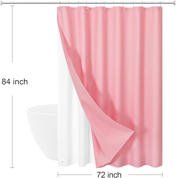 Craidlela 3 in 1 Extra Long Pink Shower Curtain Set-72 W x 84 H, Modern Waffle and PEVA Liner Set with 12 Stainless Steel Hooks, Waterproof Fabric for Bathroom