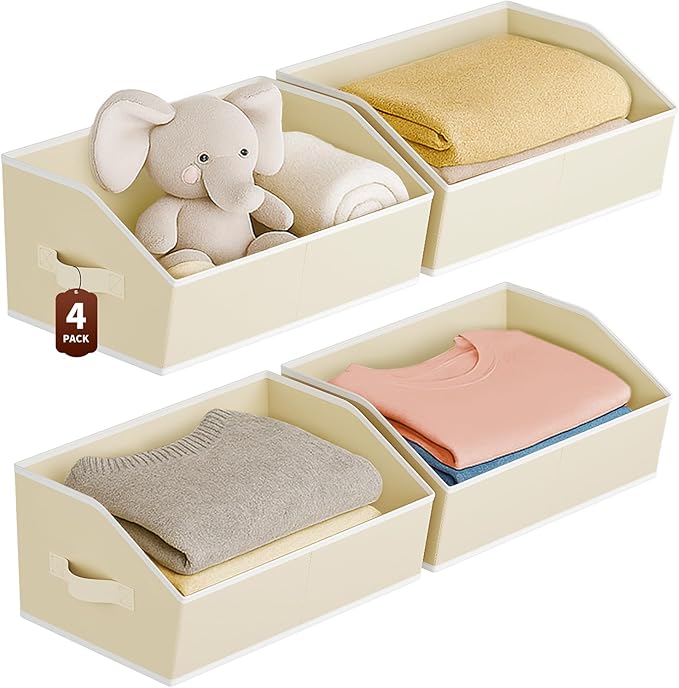Homsorout Large Closet Organizers and Storage Bins - 4 Pack Trapezoid Storage Baskets for Shelves, Foldable Fabric Baskets with Handles Ideal for Closet, Basket, Wardrobe and Shelf Storage, Beige