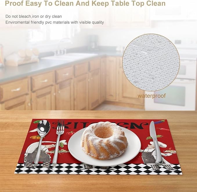 Chef Cooking Placemats Cartoon Rustic Vegetable Fruit Lattice Pastry Fat Chef Carrot Corn Gourmet Cookware Placemats Table Kitchen Dining Party 12x18 Inch Set of 6