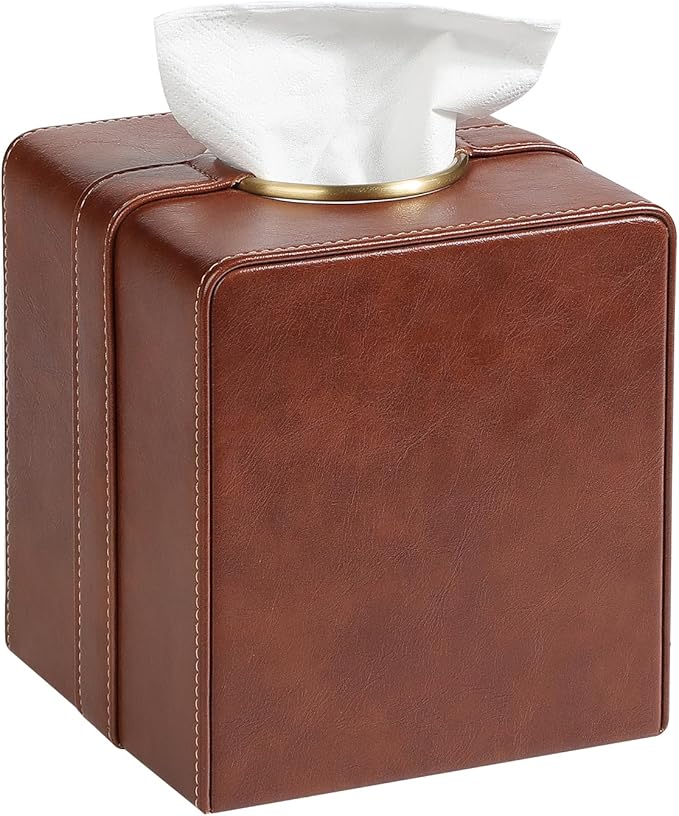 Cretkhp Luxury Square Tissue Box Cover, PU Leather Tissue Box Holder with Magnetic Closure and Gold Decorative Grommets for Bathroom Bedroom, Decorative Elegant Cube Tissue Holder (Brown)