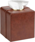 Cretkhp Luxury Square Tissue Box Cover, PU Leather Tissue Box Holder with Magnetic Closure and Gold Decorative Grommets for Bathroom Bedroom, Decorative Elegant Cube Tissue Holder (Brown)
