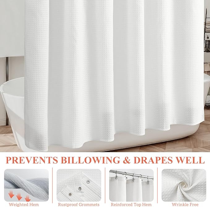 Barossa Design Waffle Weave White Shower Curtain Hotel Luxury Quality, Fabric Shower Curtains for Bathroom, Pique Pattern Cloth, Water Repellent and Machine Washable, Standard Size 71" x 72"