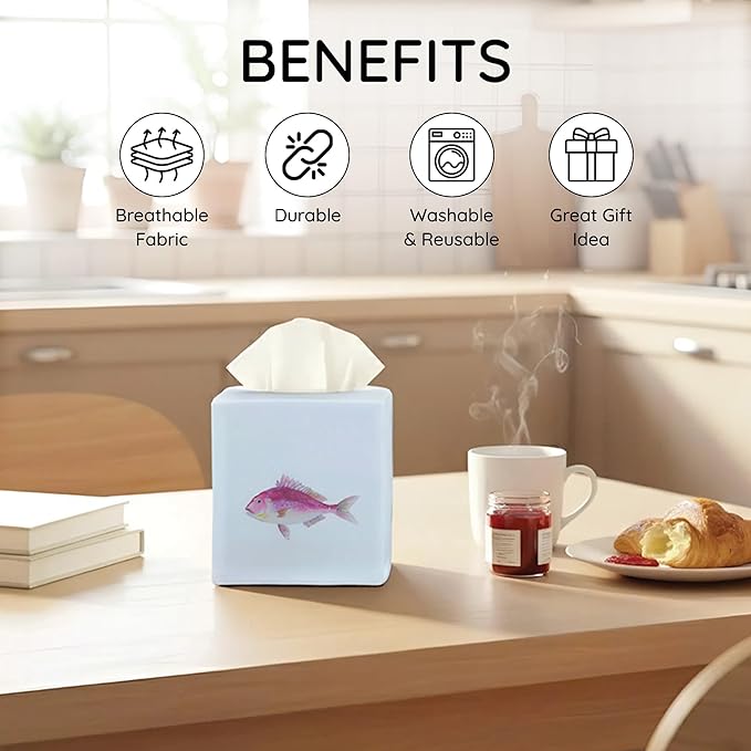 EmbroideryLinen.VN Tissue Box Cover Set of 2, Square Cotton Tissue Holder, Printed Animal Pattern, 4.5x4.5x5.5 Inches, Decorative Holder for Bathroom, Living Room, Office (Fish)