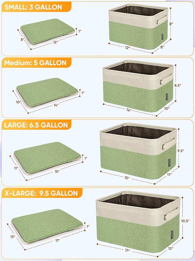 BALEINE 3 Pack Fabric Storage Bins for Shelves, Linen Storage Baskets for Organizing, Decorative Closet Bins for Clothes, Home (Green, 14''x10''x8.5'')