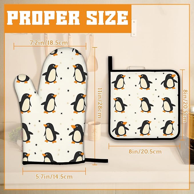 Cute Penguin Oven Mitts and Pot Holders Set,Kitchen Decor Heat Resistant Non Slip Hot Pads and Oven Mitt for Chef Cooking Baking BBQ Mom Girl Gifts(4 Piece Set)