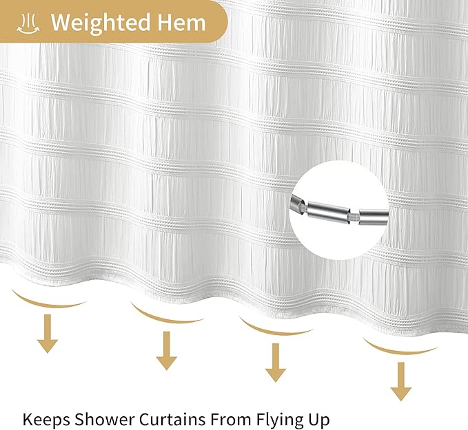 Lameirose Extra Long White Shower Curtain Farmhouse,72 x 96 Cotton Blend Waffle Tufted Striped Chic Textured Fabric Shower Curtain for Bathroom, Hotel, Washable