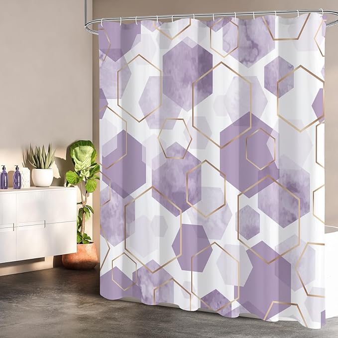 Litabel Lavender Purple Modern Shower Curtain for Bathroom, Geometric Art Decor Waterproof Bath Curtain, Abstract Fabric Shower Curtain Sets for Home Decor, 72x72 Inch
