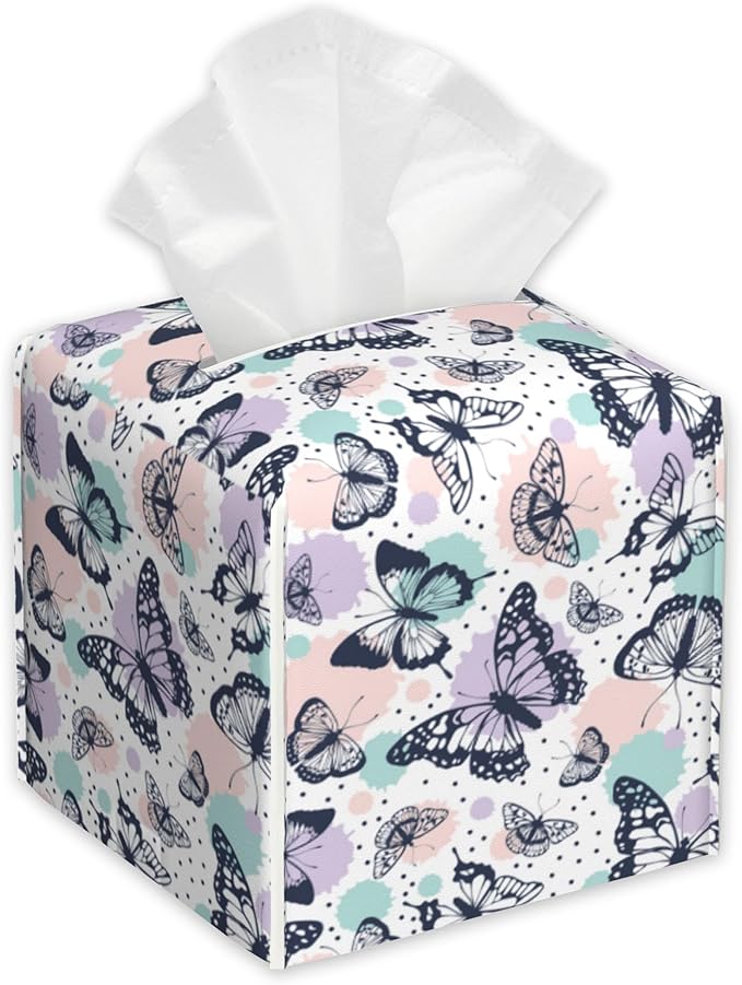 Tropical Butterflies Tissue Box Holder,Colorful Splash Dots Cube Tissue Box Cover Holder,Leather Facial Paper Organizer Dispenser Home for Bedroom Night Stands,Kitchen,Office and Car,5.2"×5.2"×5.2"