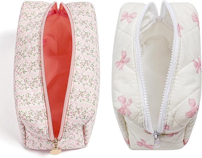 Gleyemor 2 Pieces Quilted Makeup Bag, Cute Floral Cosmetic Bag for Women, Cotton Make Up Bag Set, Flower Travel Toiletry Bag Organizer (Pink Floral+ Pink Bowknot)