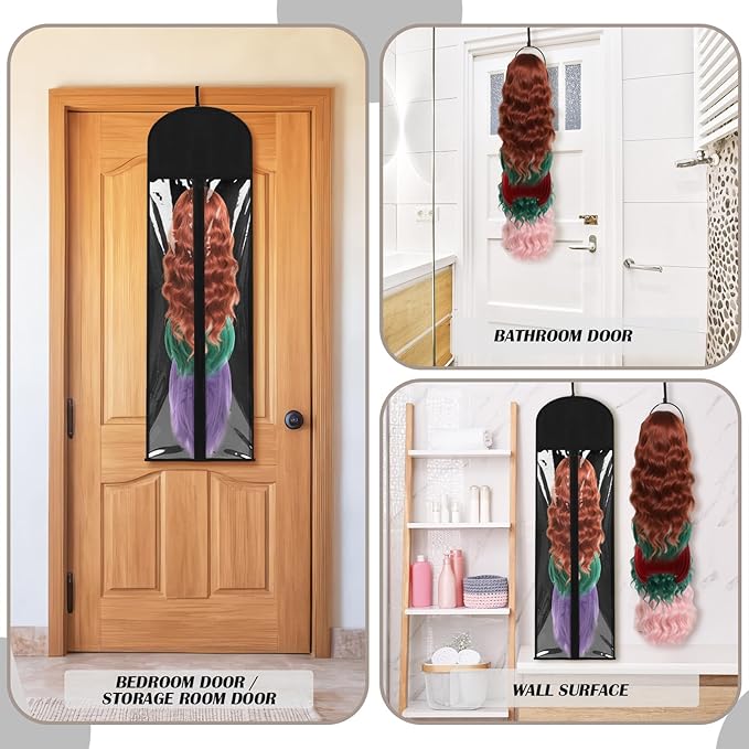 Blulu 10 Pcs 10 Pcs Wig Hangers Rack for Multiple Wigs with Dust-proof Storage Bags, Hanging Storage Organizer for Hat with Anti-slip Grips Space Saving for Door Wall Closet Bathroom (Black)
