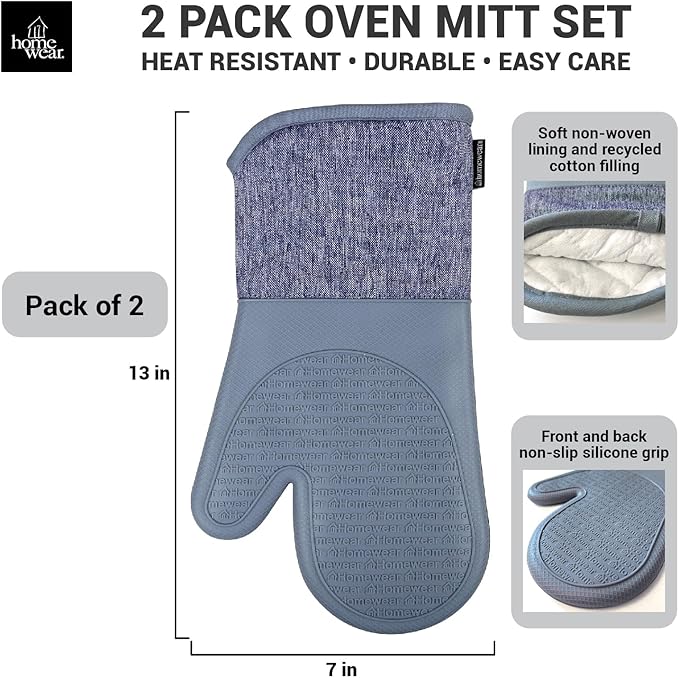 Homewear Marlow Silicone Extra Long Oven Mitt 2 Piece Set, Heat and Slip Resistant, Recycled Cotton with Soft Lining, Thick Kitchen Gloves for Cooking, Slate