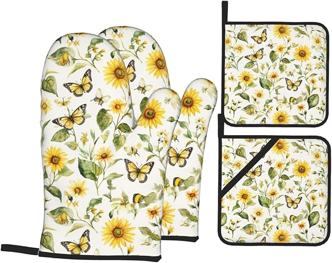 Oven Mitts and Pot Holders Sets of 4 Watercolor Sunflower Butterfly Kitchen Potholder Gloves Heat Resistant Non-Slip for Chef Baking Cooking Grilling BBQ Mittens