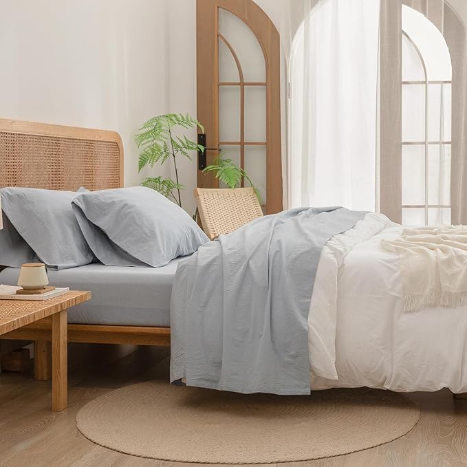 BESTOUCH Sheet Set 100% Washed Cotton Linen Feel Super Soft Comfortable Chic Lightweight 3 Pcs Home Bedding Set Solid Cornflower Blue Twin