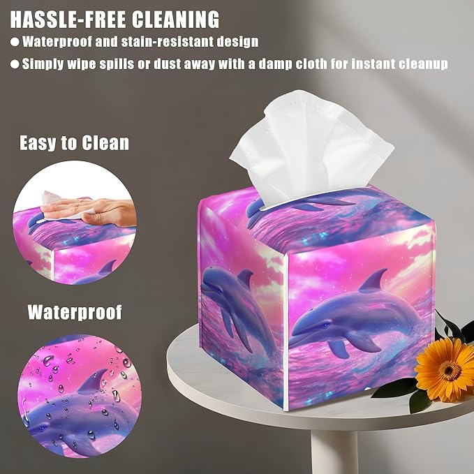 BLYKVGHQ Square Tissue Box Cover Dolphin Jumping Out of The Water Tissue Box Holder Facial Cube Paper Dispenser Leather Decorative Organizer Home Office Desk Decor, 5.2"x5.2"x5.2"