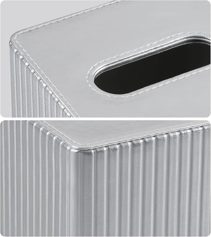 MEIBOOCH PU Leather Tissue Box Cover Square, Rectangle Tissue Box Holder with Magnetic Closure, Decorative Tissue Holder for Bathroom Bedroom Office (Shiny Silver, Square)