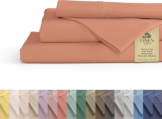 Linen Home 100% Cotton Percale Sheets Full Size, Tera Clay, Deep Pocket, 4 Pieces Set - 1 Flat, 1 Deep Pocket Fitted Sheet and 2 Pillowcases, Crisp Cool and Strong Bed Linen