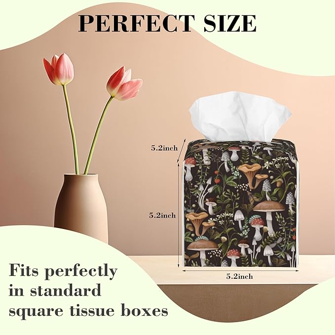 Autumn Mushroom Tissue Box Cover,Mushrooms and Field Plants Waterproof Leather Square Tissue Box Cover Case Facial Paper Organizer Dispenser Box Holder for Home Office Bathroom Vanity Countertop