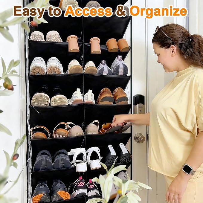 UVIAHOMI 30 Pairs Over the Door Shoe Organizer, Clear Pockets Hanging Shoe Storage for Closet, 10-Tier Door Shoes Rack Storage, Handing Shoes Holder Fit All the Family's Sneakers, Boots, Heels, Black