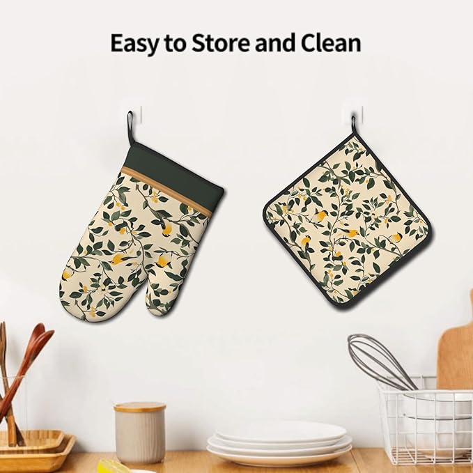 Bird Branch Oven Mitt and Pot Holder Sets 2Pcs Dark Green Yellow Vintage Heat Resistant Washable BBQ Cooking Gloves Hot Pans Mat for Kitchen Baking Grilling Decorative