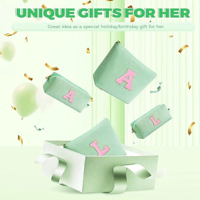 Btffitting Monogrammed Gifts for Women - Cosmetic Bag for Teen,Initial Cute Makeup Bag Set for Women,Trendy Pouch for Niece Sister Friend Female Her,Birthday Gifts for Daughter - Green,L
