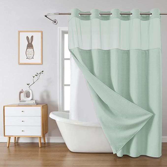 eachope MintGreen No Hook Waffle Weave Shower Curtain with snap-in Liner Replacement, 230GSM Waterproof Fabric Hotel Shower Curtain Set for Bathroom, Through Mesh Top Window,71Wx77H