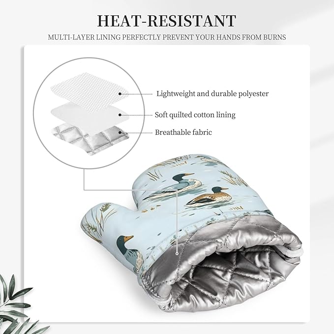 Oven Mitts 2 Pack, Silicone Kitchen Gloves, Heat Resistant with Non-Slip Grip and Soft Quilted Cotton Lining for Cooking Barbecue Backing (Ducks Swimming)