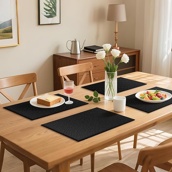 Blue Forest | Rectangular Faux Linen Placemats Set of 6 | Dual- Layered Thickened for Durability | Heat Resistant | Machine Washable | Wrinkle Free for Easy Care Indoor/Outdoor Use - Black