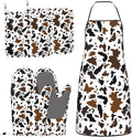 Cow Print Oven Mitts and Pot Holders with Apron Set of 5 Silicone Cowhide Brown Milk Cow Print Kitchen Mitts and Non-Slip Potholders Apron Set Heat Resistant Oven Gloves Hot Pads for Grilling