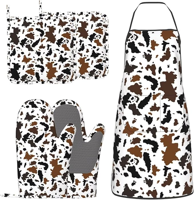 Cow Print Oven Mitts and Pot Holders with Apron Set of 5 Silicone Cowhide Brown Milk Cow Print Kitchen Mitts and Non-Slip Potholders Apron Set Heat Resistant Oven Gloves Hot Pads for Grilling