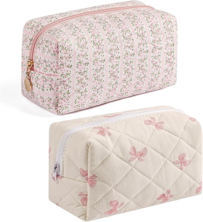 Gleyemor 2 Pieces Quilted Makeup Bag, Cute Floral Cosmetic Bag for Women, Cotton Make Up Bag Set, Flower Travel Toiletry Bag Organizer (Pink Floral+ Pink Bowknot)