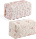 Gleyemor 2 Pieces Quilted Makeup Bag, Cute Floral Cosmetic Bag for Women, Cotton Make Up Bag Set, Flower Travel Toiletry Bag Organizer (Pink Floral+ Pink Bowknot)