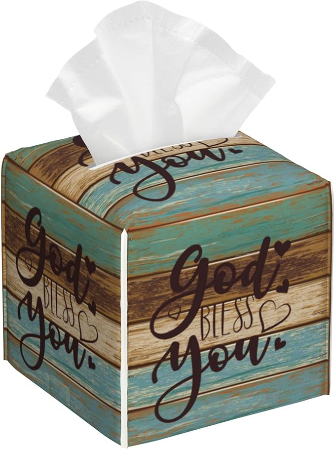 God Bless You Tissue Box Cover,Wooden PU Leather Tissue Box Holder Square,Modern Home Decoration for Bathroom Living Room Kitchen Office Car,5.2"×5.2"×5.2"
