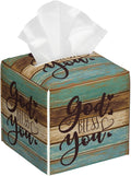 God Bless You Tissue Box Cover,Wooden PU Leather Tissue Box Holder Square,Modern Home Decoration for Bathroom Living Room Kitchen Office Car,5.2"×5.2"×5.2"
