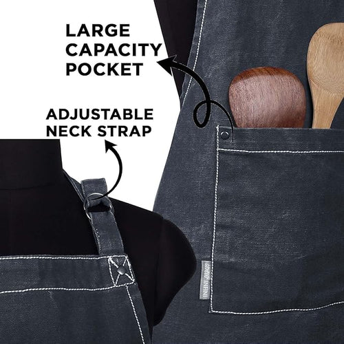 AMOUR INFINI Cotton Solid Aprons for Women with Pocket, Adjustable Strap and Waist Ties Washed Chef Aprons for Cooking, Baking and Gardening (27.5x33 Inches - Black)