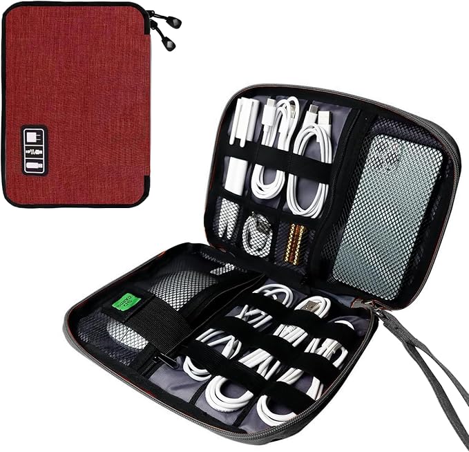 Lcsmaokin Electronics Travel Organizer,Portable Waterproof Electronic Travel Storage Bag for Small Charging Cord Storage,Charger,SD Card etc,for Travel,Business-Wine Red Black