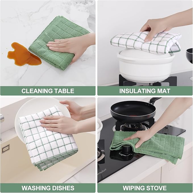 Homaxy Premium Cotton Kitchen Towels 16"x 28", Large Natural Ring Spun 390 GSM Dish Towels, Super Absorbent Terry Kitchen Hand Towels, Soft Tea Towels with Hanging Loop, Grass Green Check, 8 Pack
