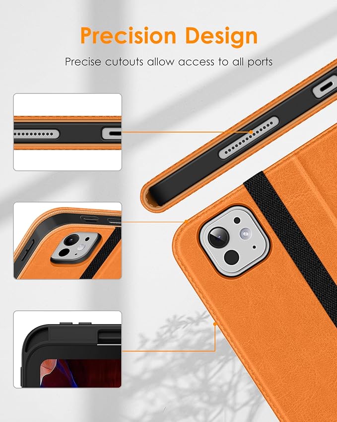 DTTO for iPad Pro 13 inch Case (M5/M4) 2025/2024, Premium Leather Business Folio Stand Cover with Pencil Holder - Auto Wake/Sleep & Multiple Viewing Angles, Built in Hand Strap & Pocket, Orange